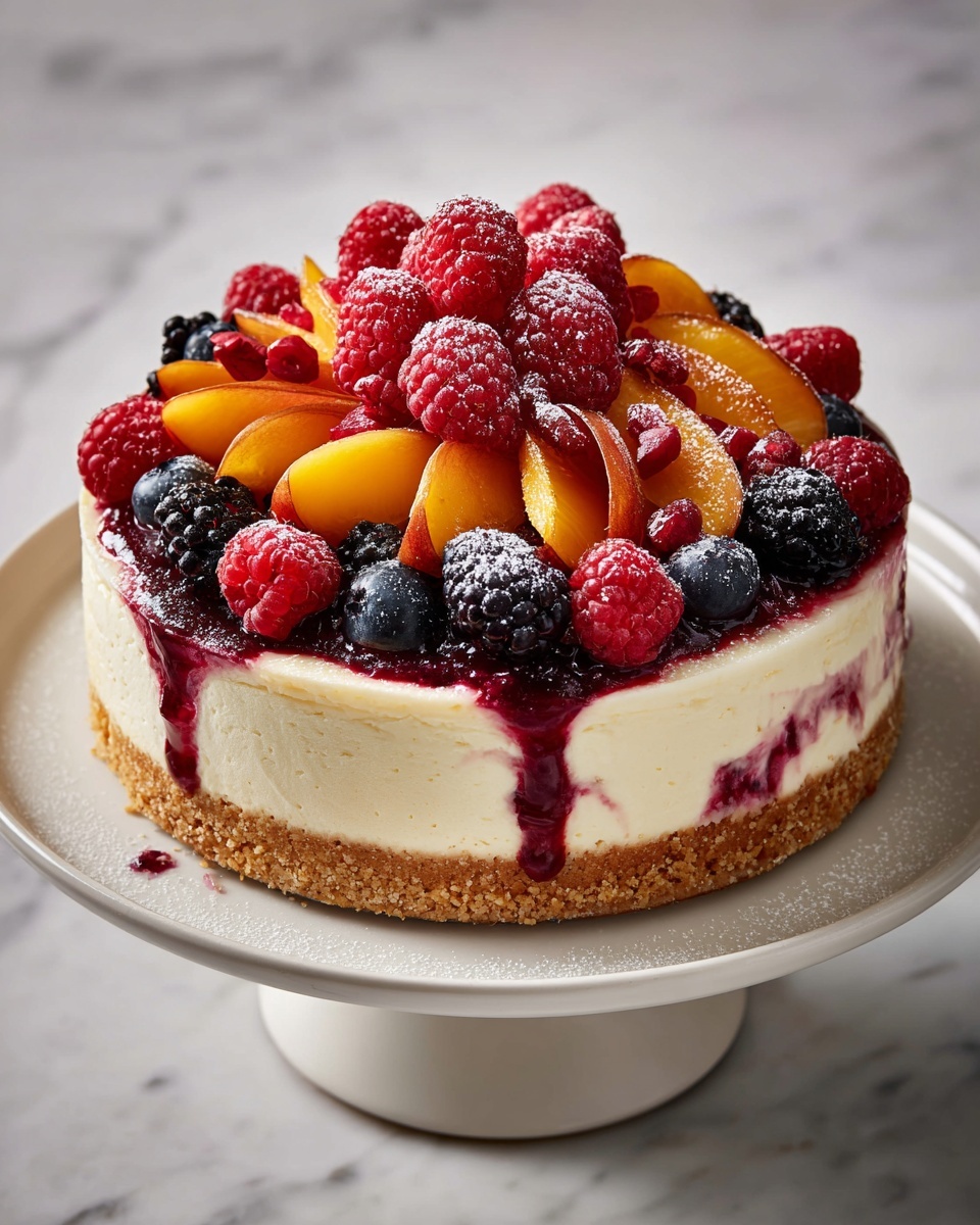 Savory Summer Berry and Peach Cheesecake Recipe - Recipe Image