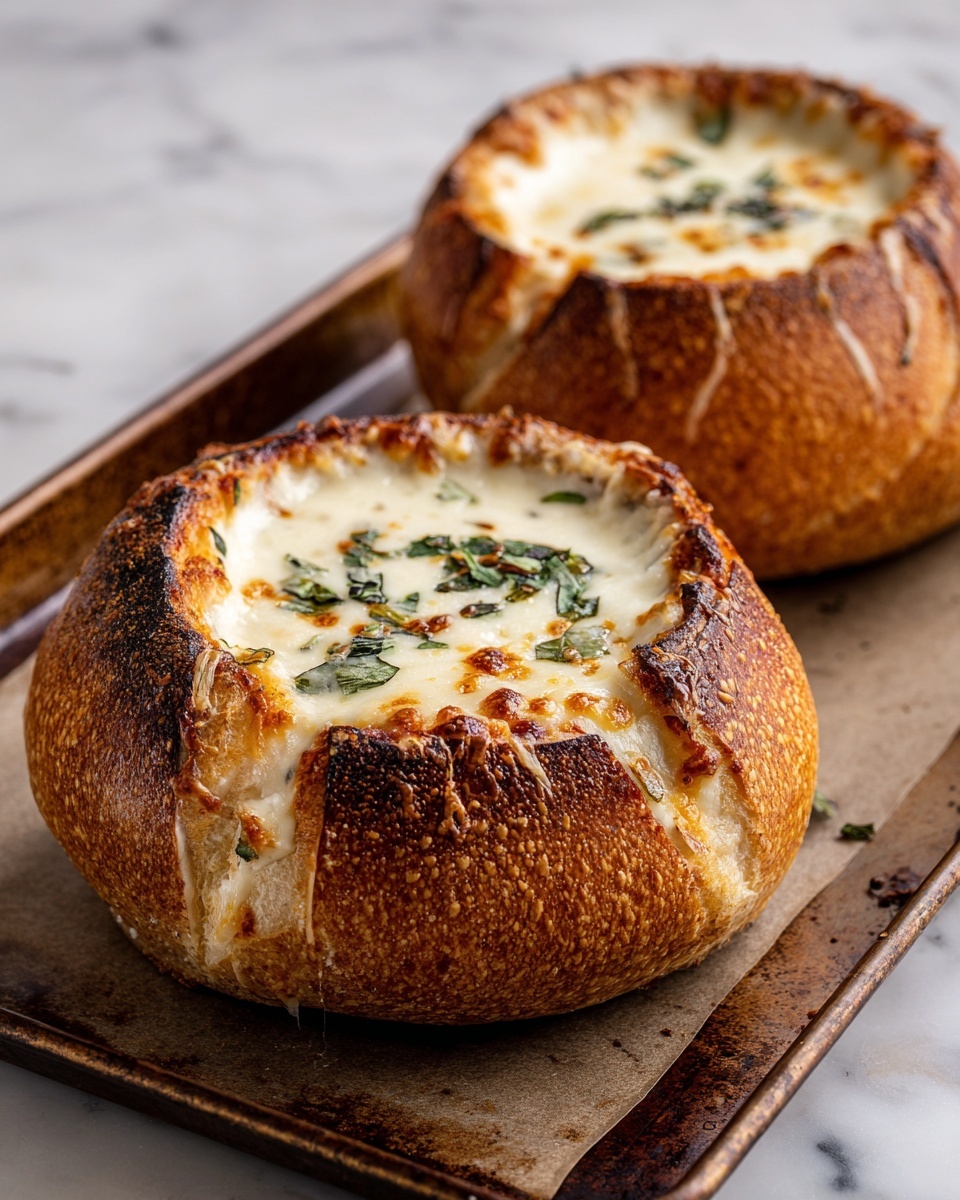Creamy French Onion Soup Baked in Bread Bowls Recipe - Recipe Image