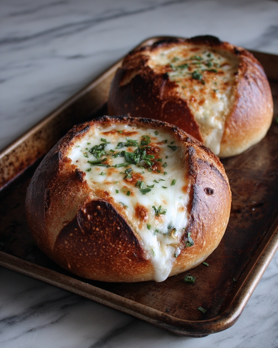 Creamy French Onion Soup Baked in Bread Bowls Recipe - Recipe Image
