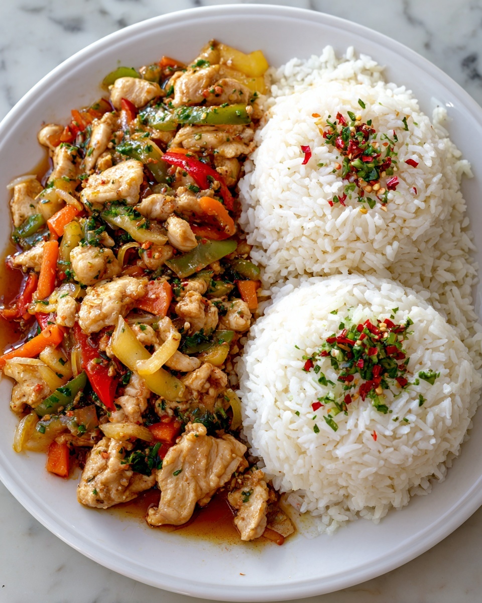 Spicy Garlic Chicken Stir-Fry with Rice Recipe - Recipe Image
