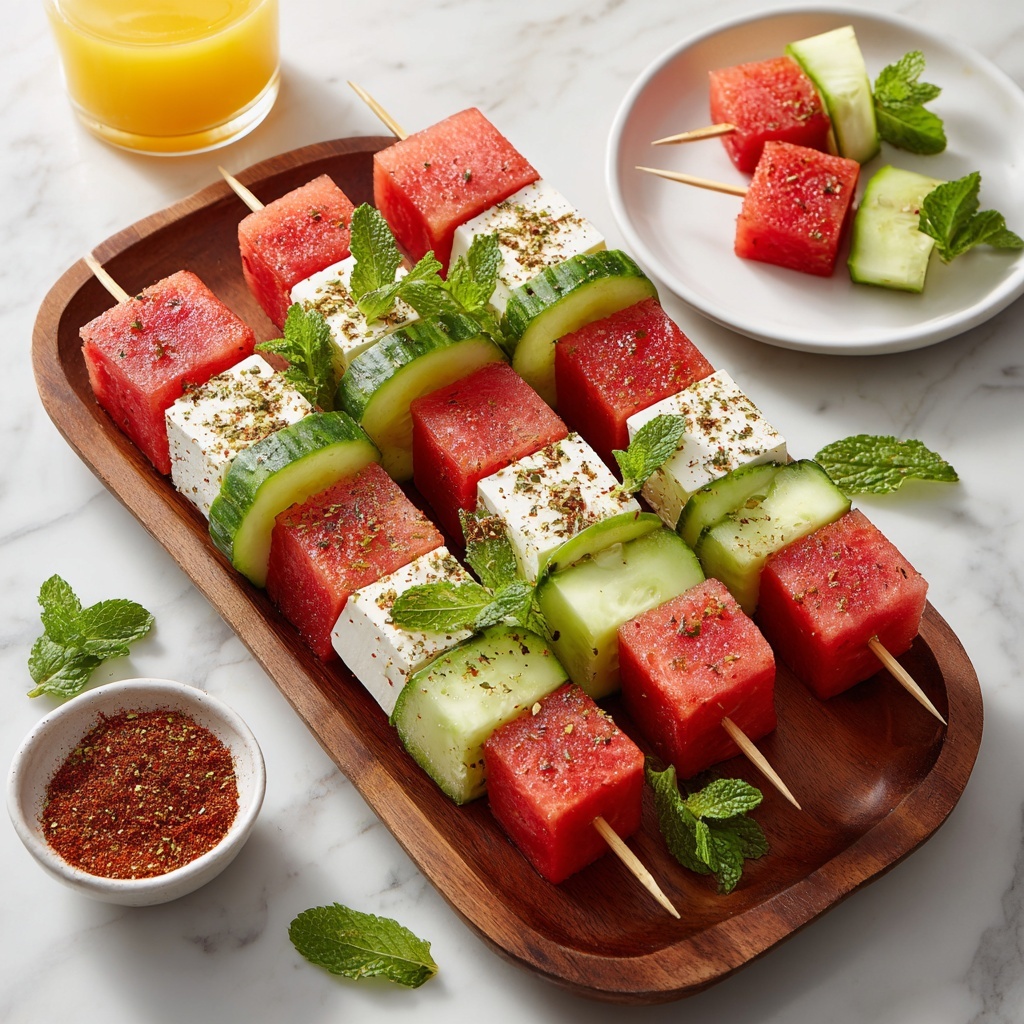 Watermelon and Feta Skewers with Mint and Tajin Recipe - Recipe Image