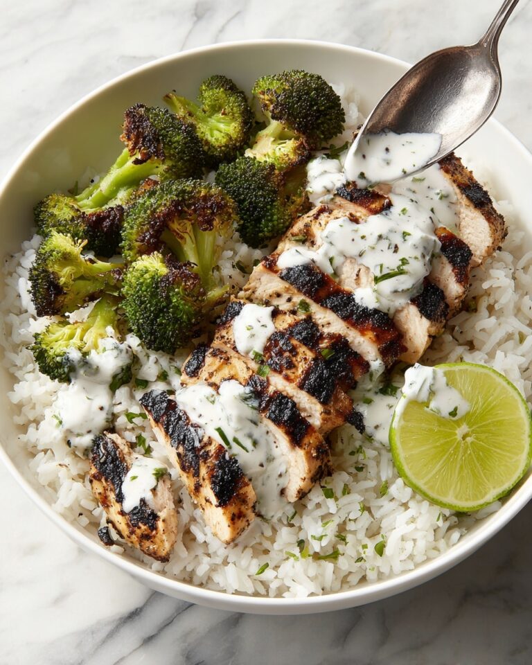 Grilled Chicken & Broccoli Bowls with Creamy Garlic Sauce Recipe