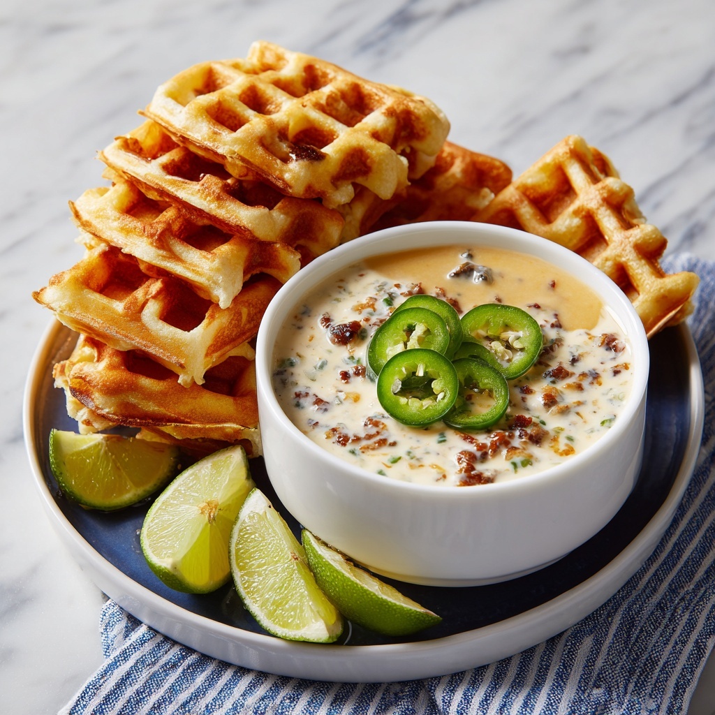 Cheddar Jalapeño Cornbread Waffles with Turkey Chile Con Queso Dip Recipe - Recipe Image