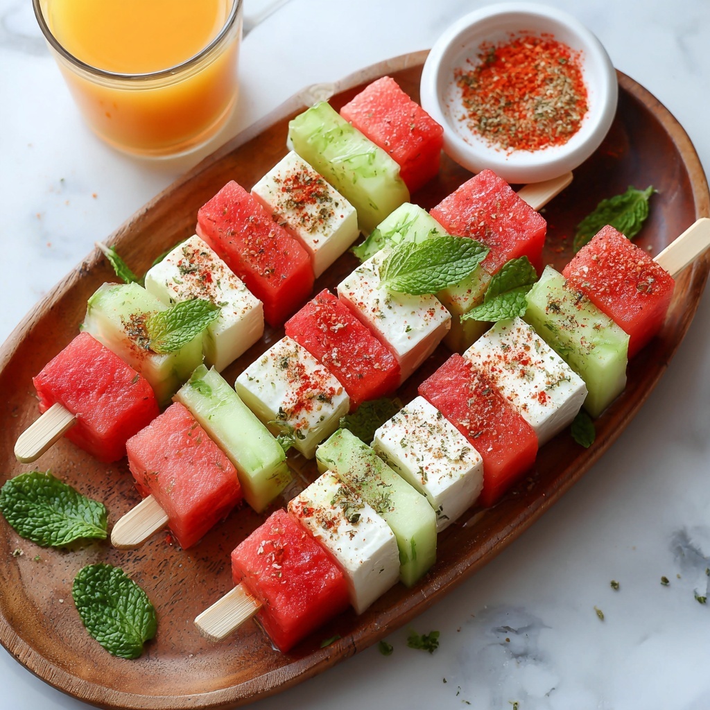Watermelon and Feta Skewers with Mint and Tajin Recipe - Recipe Image