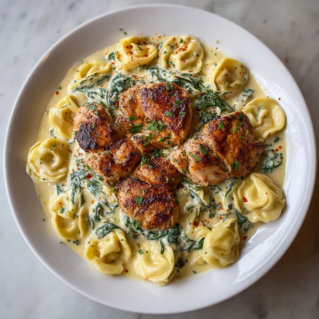 Cheesy Garlic Parmesan Chicken Tortellini with Spinach in Creamy Sauce Recipe - Recipe Image