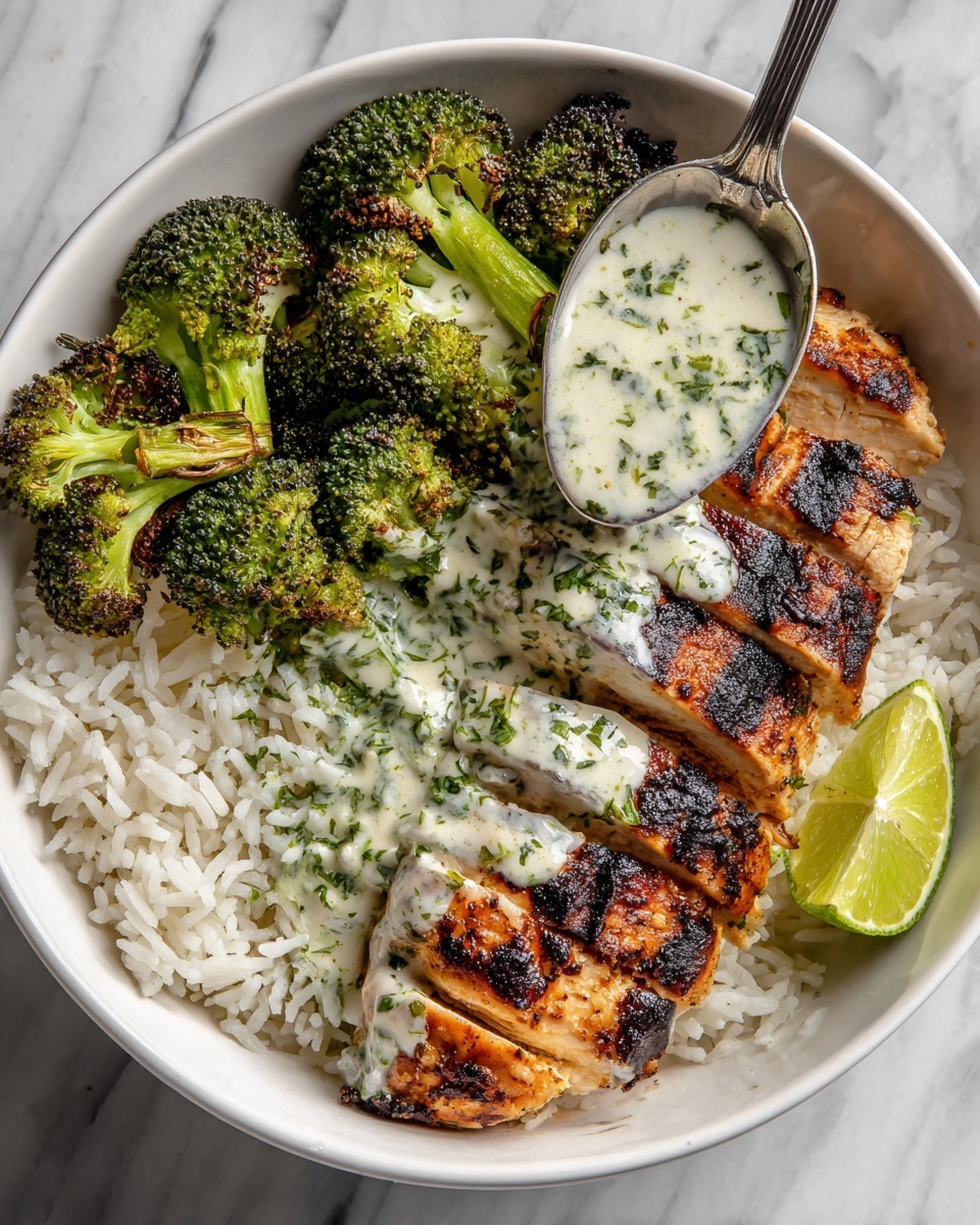 Grilled Chicken & Broccoli Bowls with Creamy Garlic Sauce Recipe - Recipe Image