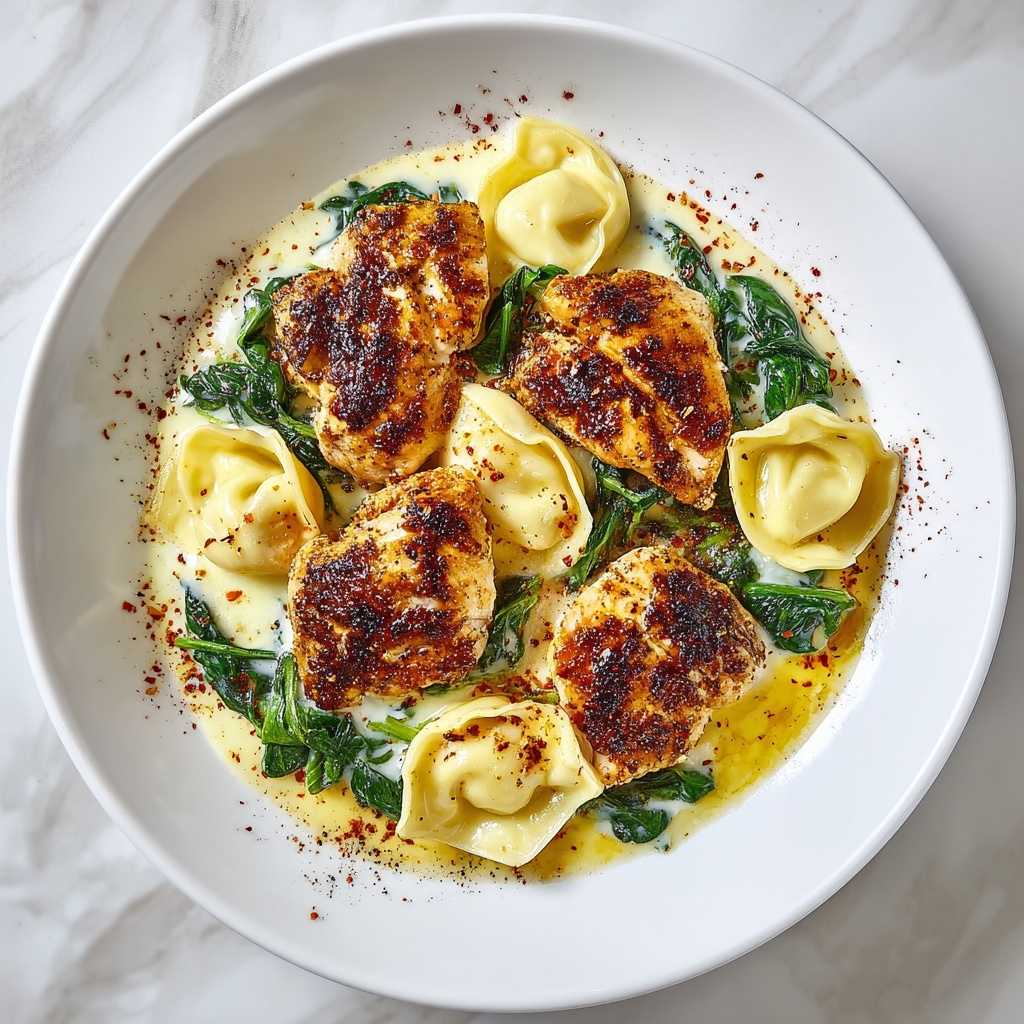 Cheesy Garlic Parmesan Chicken Tortellini with Spinach in Creamy Sauce Recipe - Recipe Image
