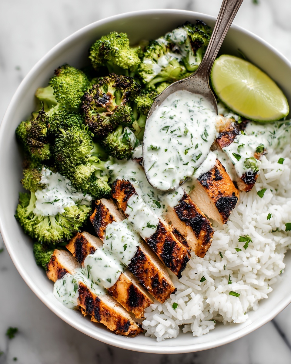 Grilled Chicken & Broccoli Bowls with Creamy Garlic Sauce Recipe - Recipe Image