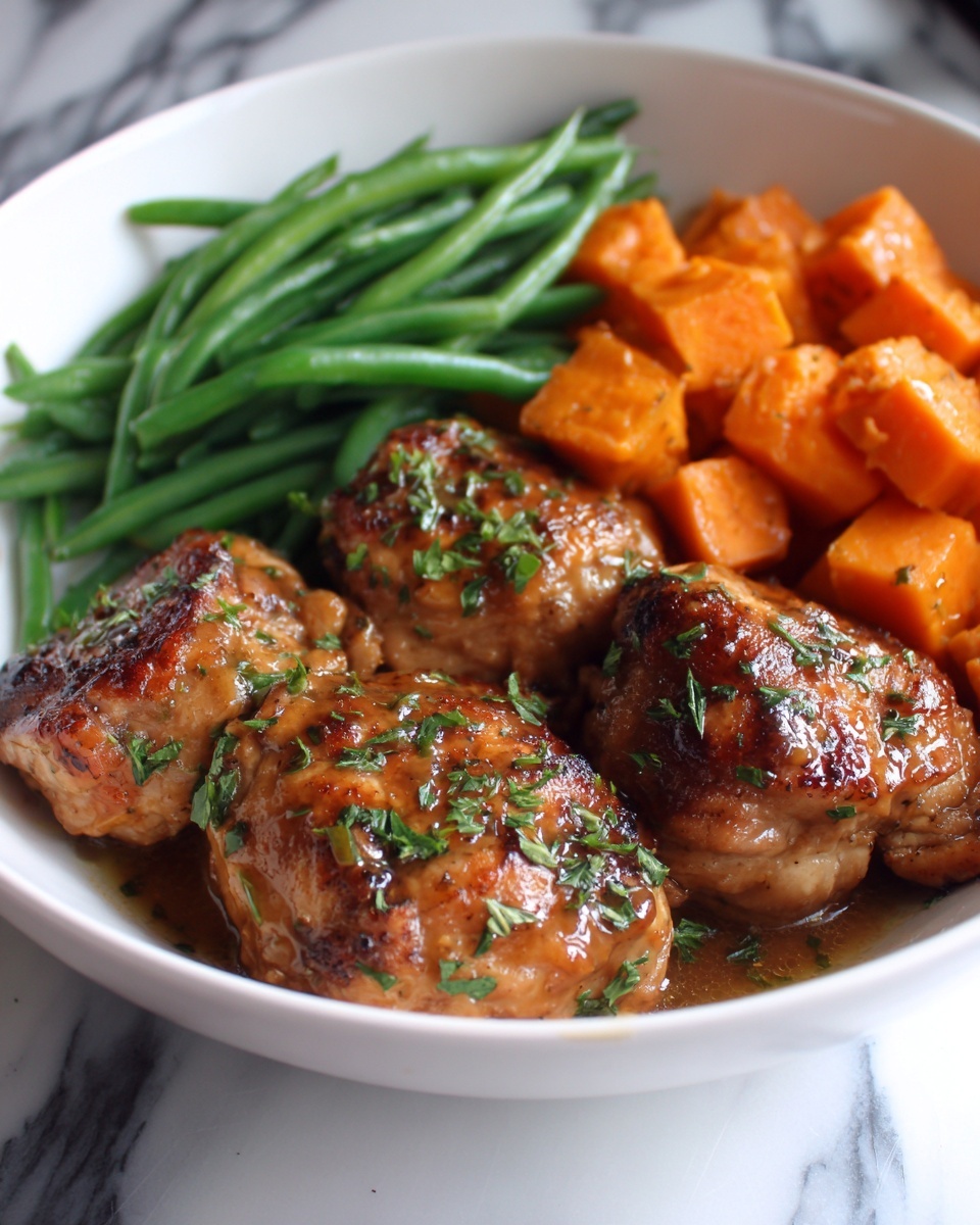 Honey Garlic Chicken with Sweet Potatoes and Green Beans Recipe - Recipe Image