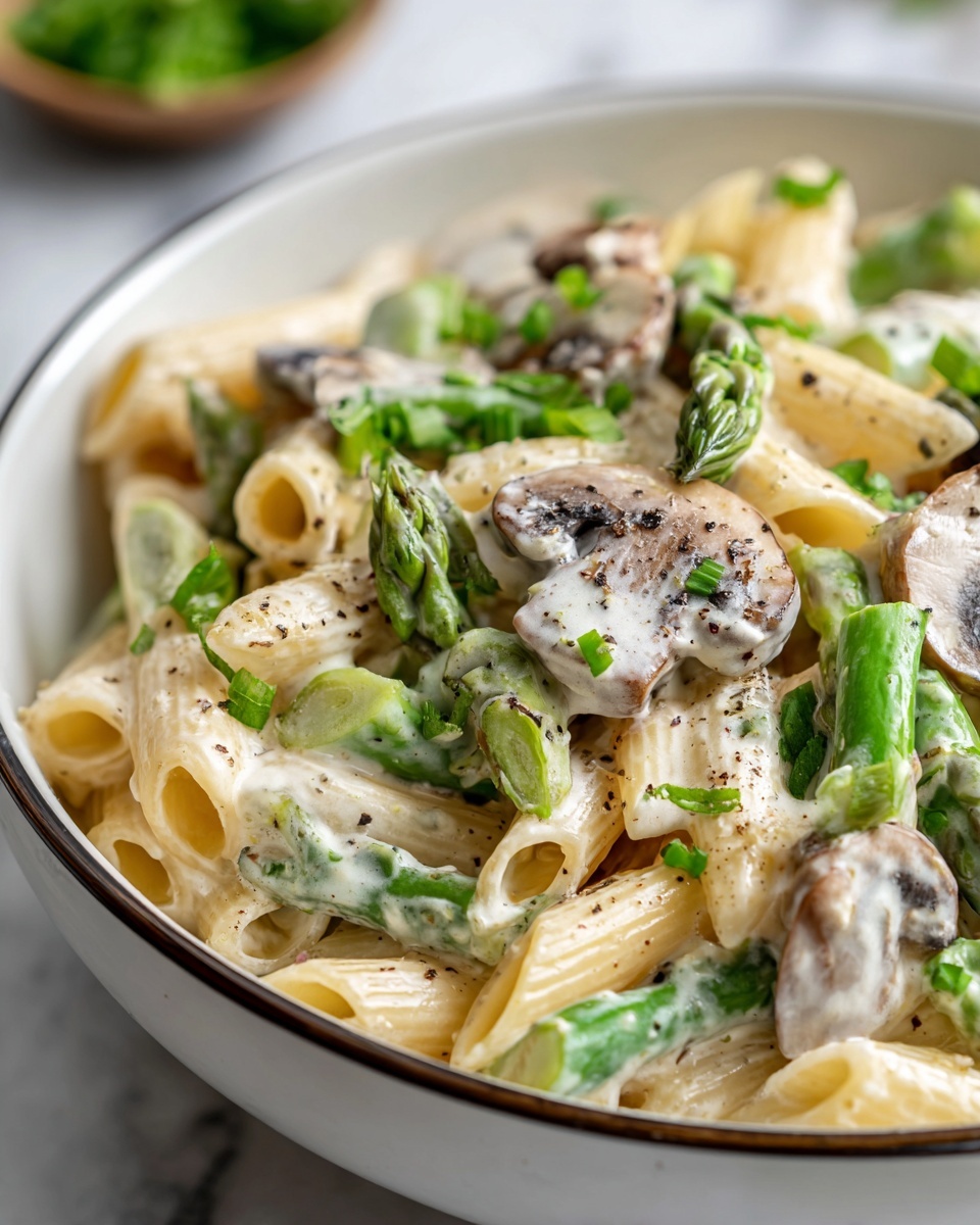 Creamy Mushroom and Asparagus Chicken Penne Recipe - Recipe Image