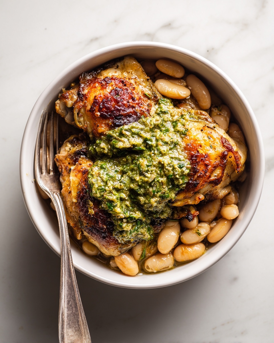 One-Pan Crispy Chicken with Cannellini Beans and Pistachio Pesto Recipe - Recipe Image