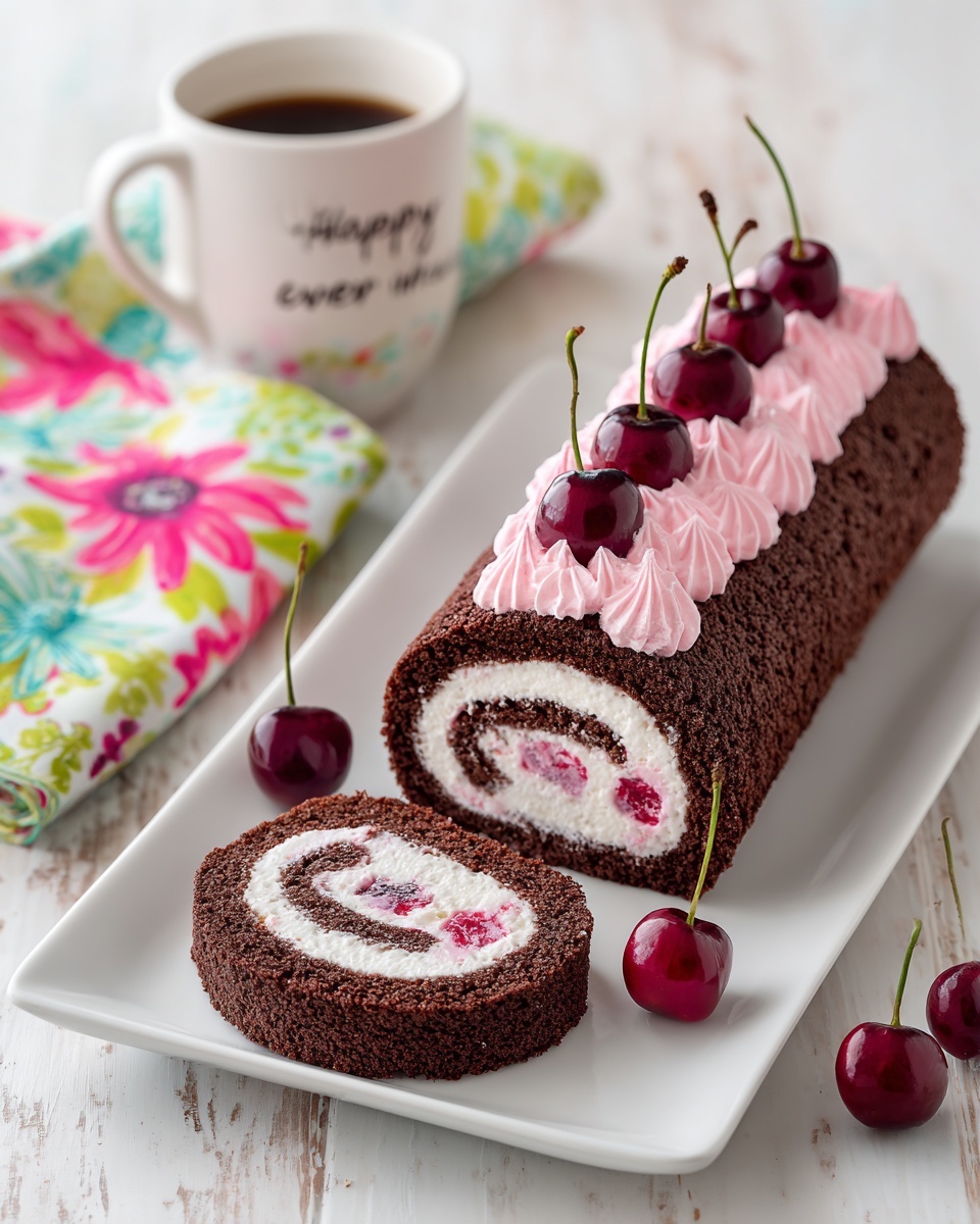 Swiss Chocolate Cherry Roll Cake Recipe - Recipe Image