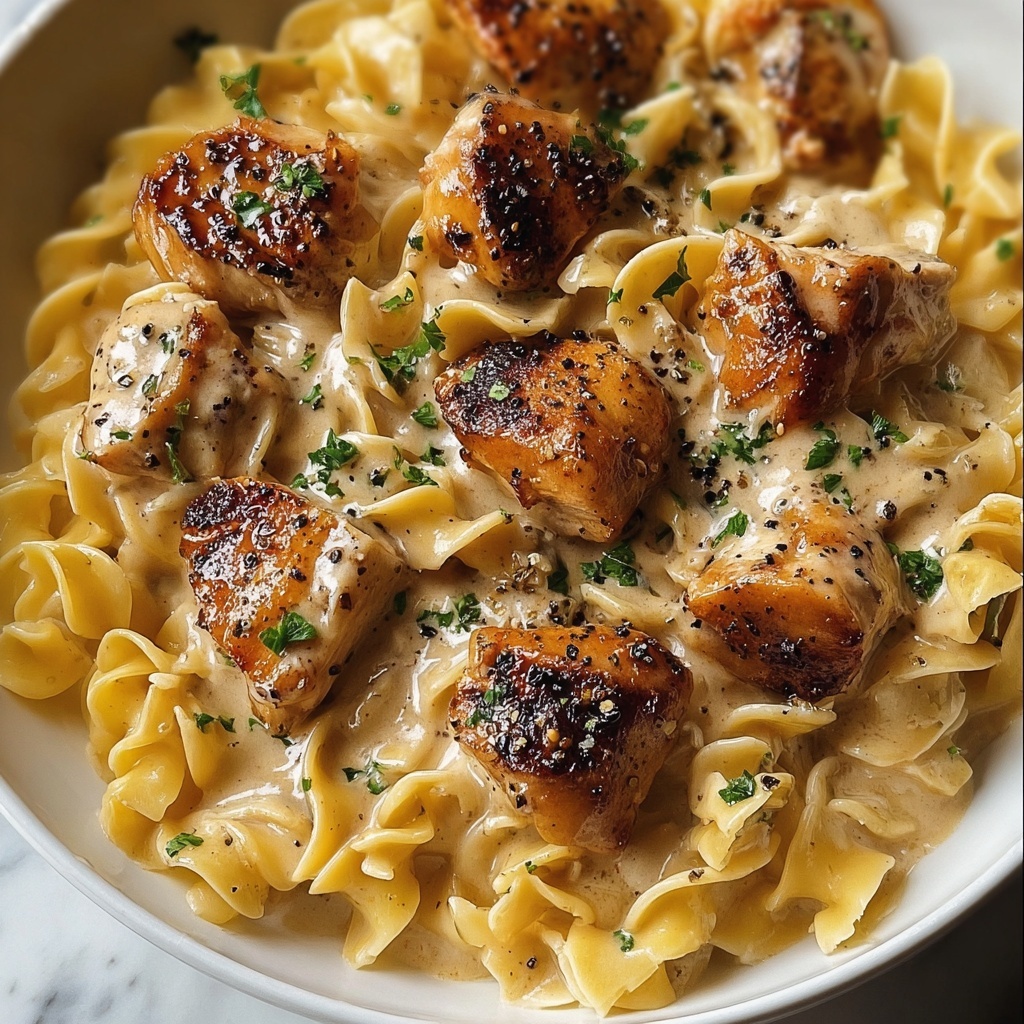 One-Pan Creamy Garlic Butter Chicken with Egg Noodles Recipe - Recipe Image