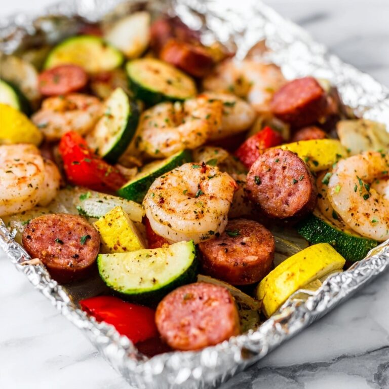 Shrimp, Zucchini, Potatoes, and Spicy Italian Sausage Foil Pack Recipe