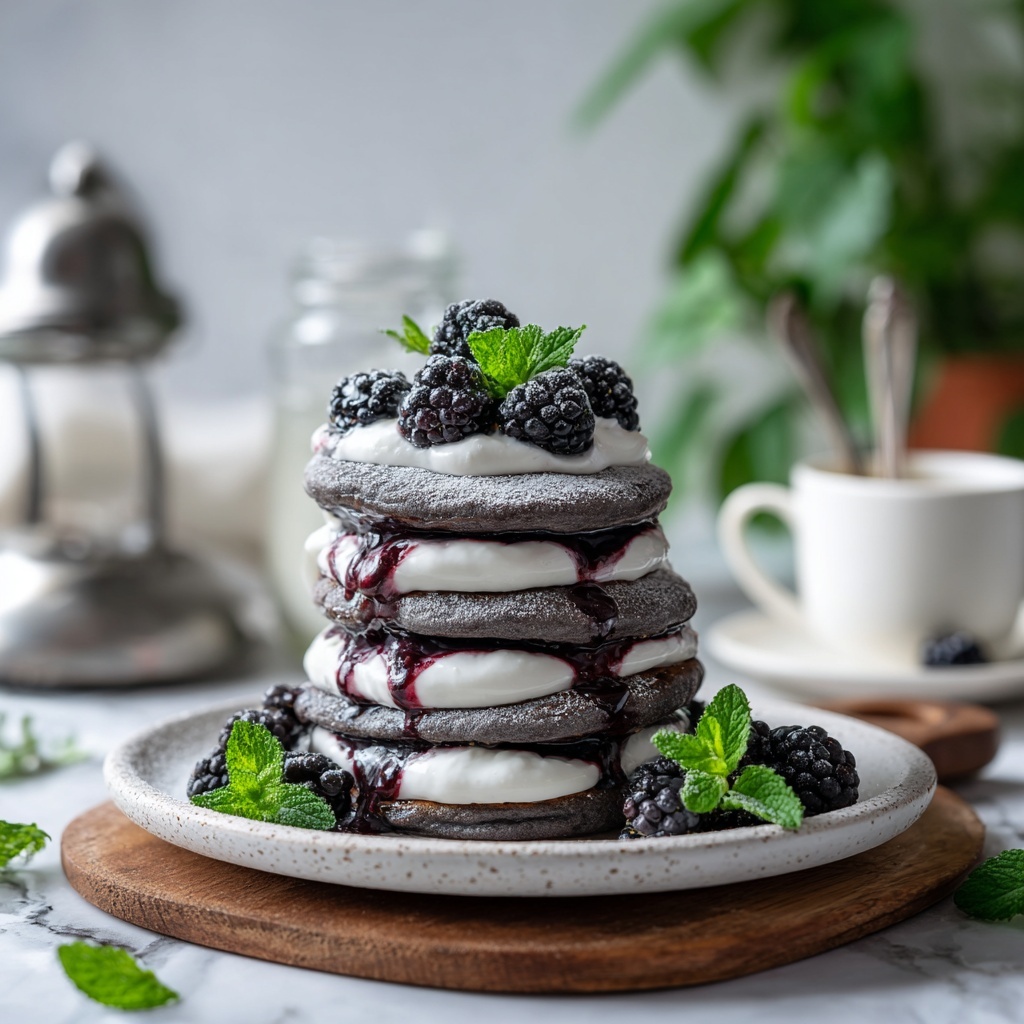 Charcoal Pancakes with Blackberry Syrup Recipe - Recipe Image