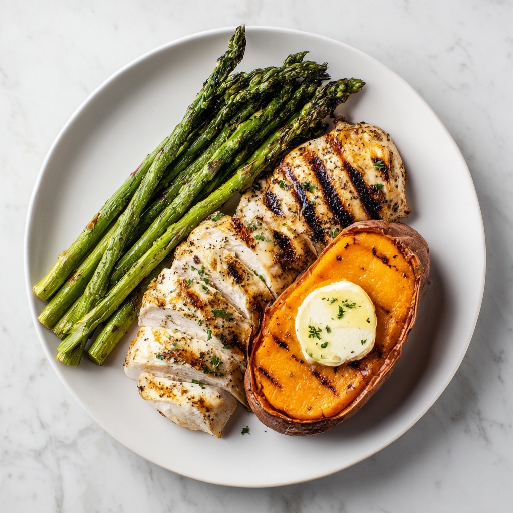 Garlic Herb Chicken with Roasted Sweet Potato & Asparagus Recipe - Recipe Image