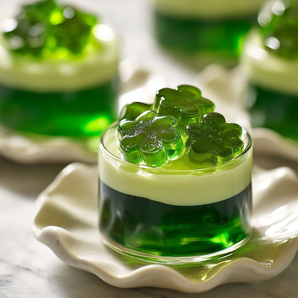 Green Jello Shots with Whipped Cream and Shamrock Candies Recipe - Recipe Image