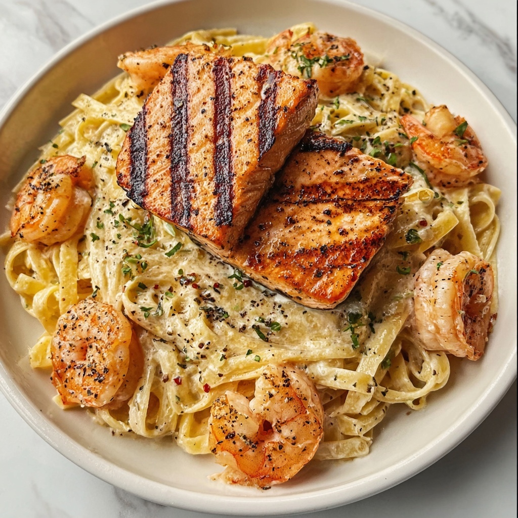 Grilled Salmon Shrimp Fettuccine Alfredo Recipe - Recipe Image