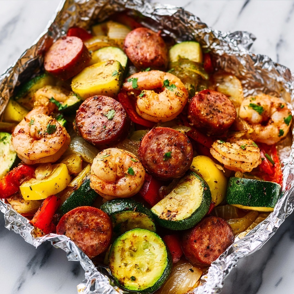 Shrimp, Zucchini, Potatoes, and Spicy Italian Sausage Foil Pack Recipe - Recipe Image