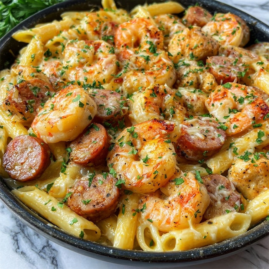 Garlic Butter Shrimp and Sausage Skillet Pasta Recipe - Recipe Image