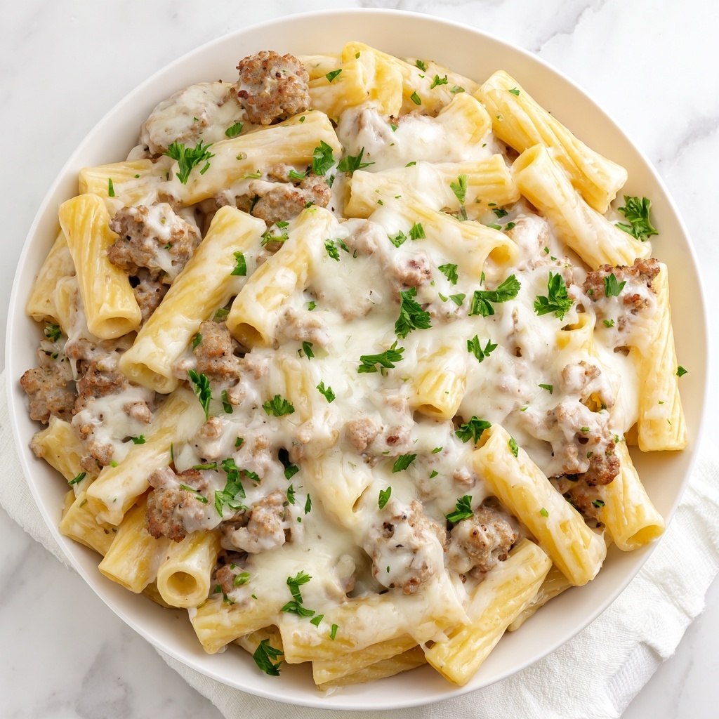 Creamy Garlic Sausage Alfredo Rigatoni Recipe - Recipe Image