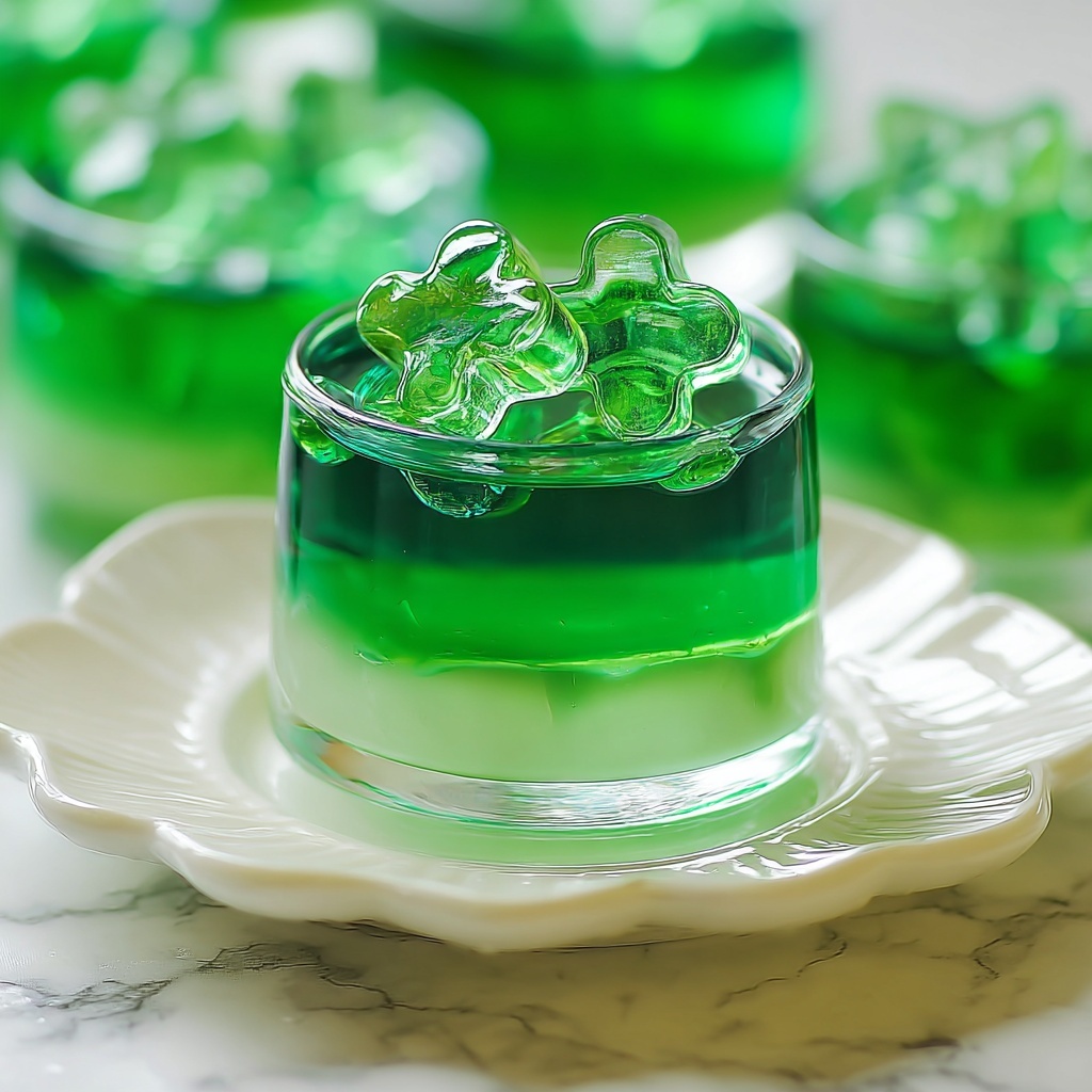 Green Jello Shots with Whipped Cream and Shamrock Candies Recipe - Recipe Image