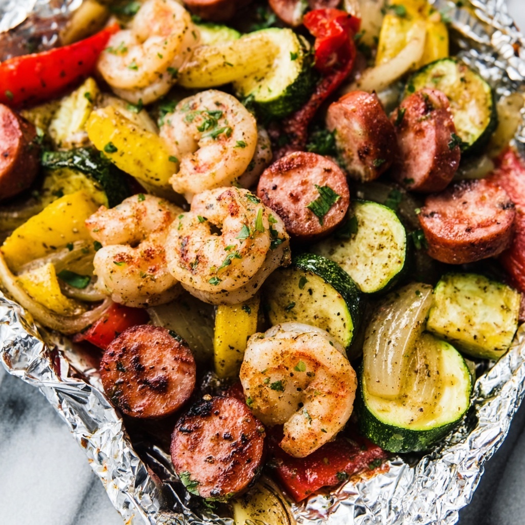 Shrimp, Zucchini, Potatoes, and Spicy Italian Sausage Foil Pack Recipe - Recipe Image