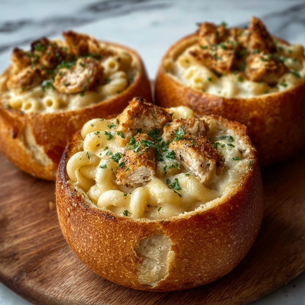 Chicken Alfredo Garlic Bread Bowls Recipe - Recipe Image