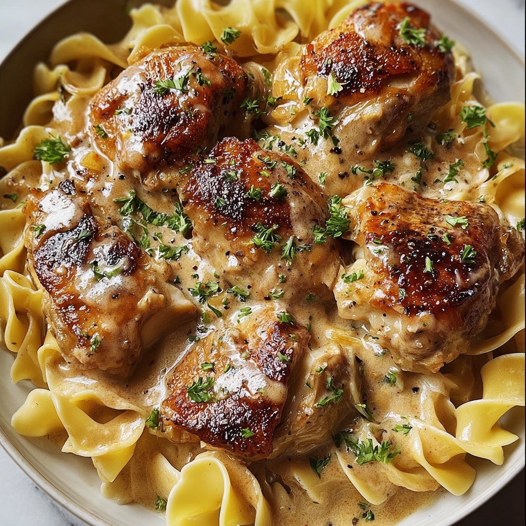 One-Pan Creamy Garlic Butter Chicken with Egg Noodles Recipe - Recipe Image