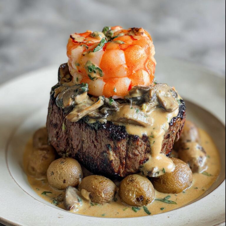 Surf and Turf with Creamy Mushroom Thyme Sauce and Poached Lobster Recipe
