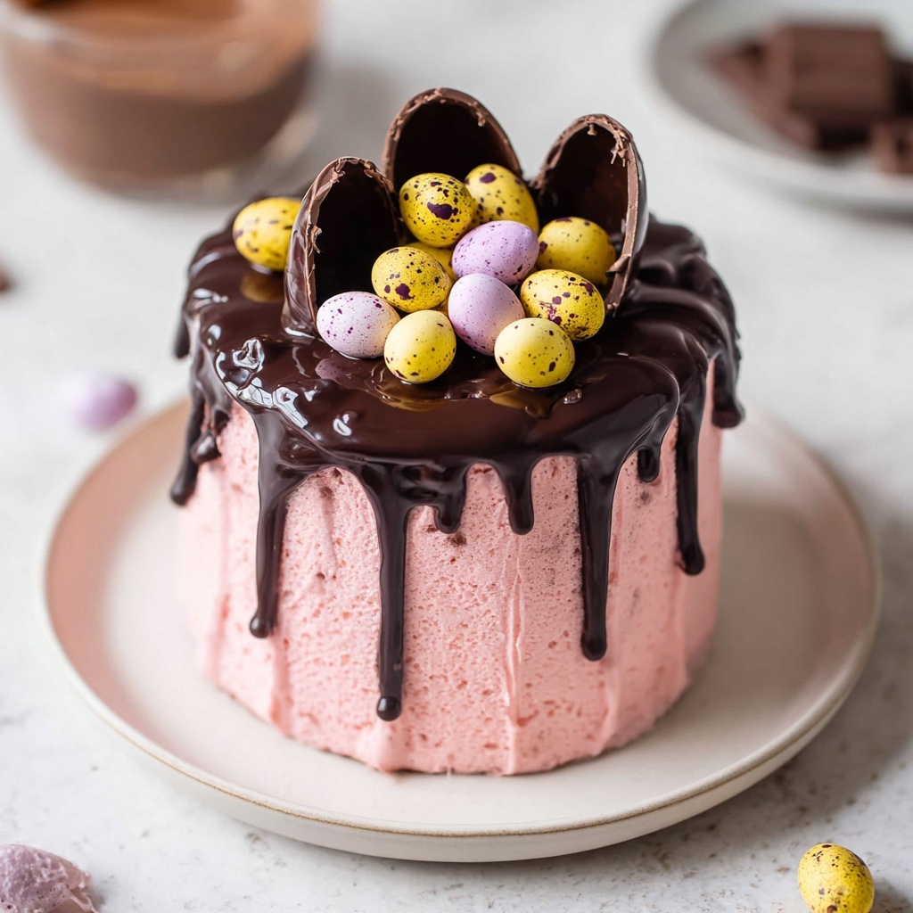 Vegan Easter Egg Cake with Strawberry Italian Meringue Buttercream and Chocolate Ganache Drip Recipe - Recipe Image