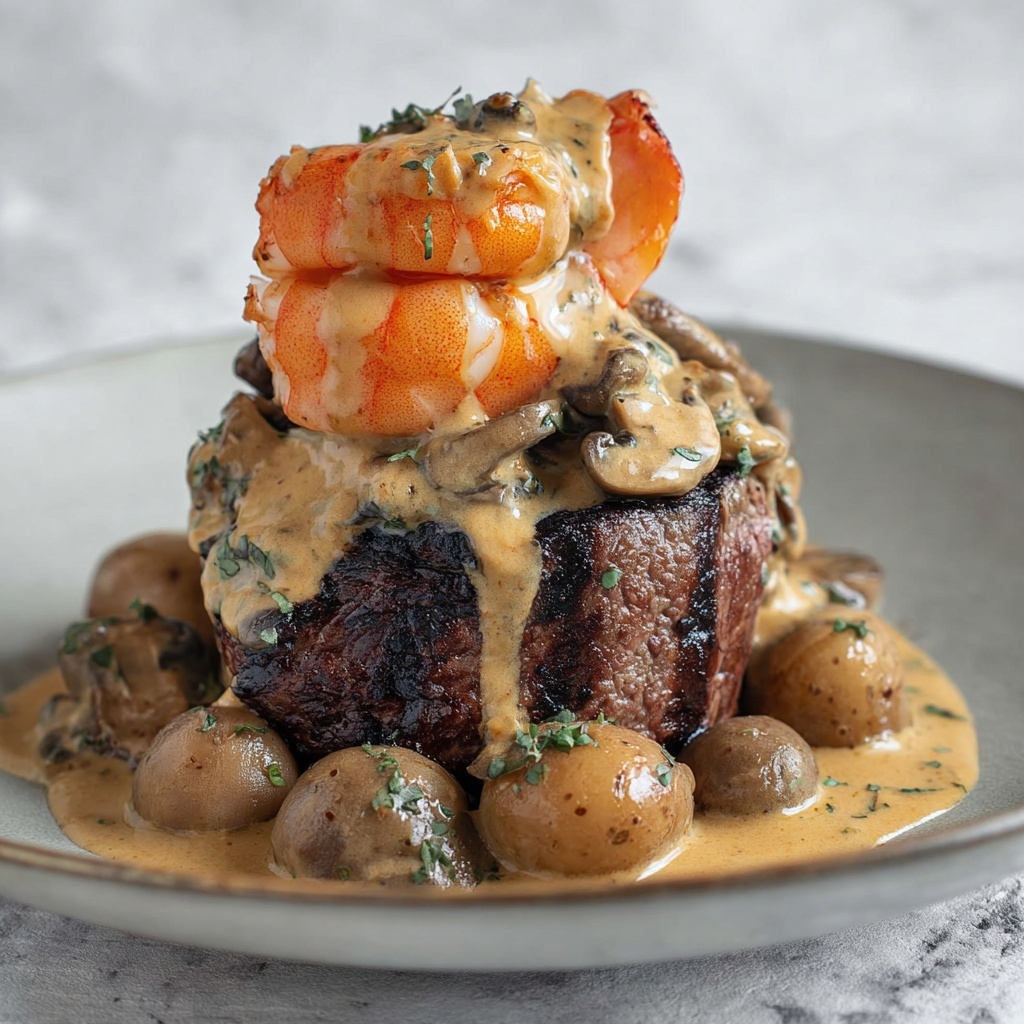 Surf and Turf with Creamy Mushroom Thyme Sauce and Poached Lobster Recipe - Recipe Image