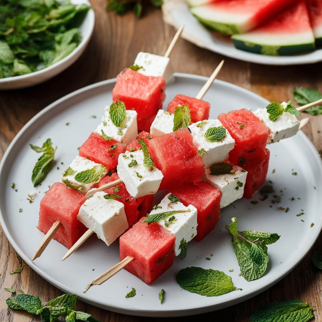 Watermelon and Feta Skewers with Mint Recipe - Recipe Image