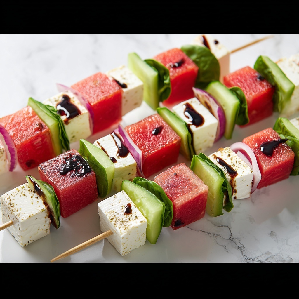 Watermelon Cucumber Feta Skewers Recipe - Recipe Image