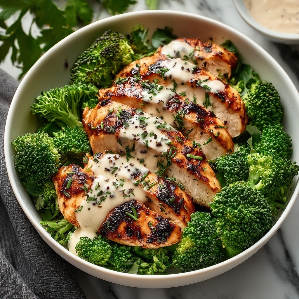 Grilled Chicken & Broccoli Bowls with Creamy Garlic Sauce Recipe - Recipe Image