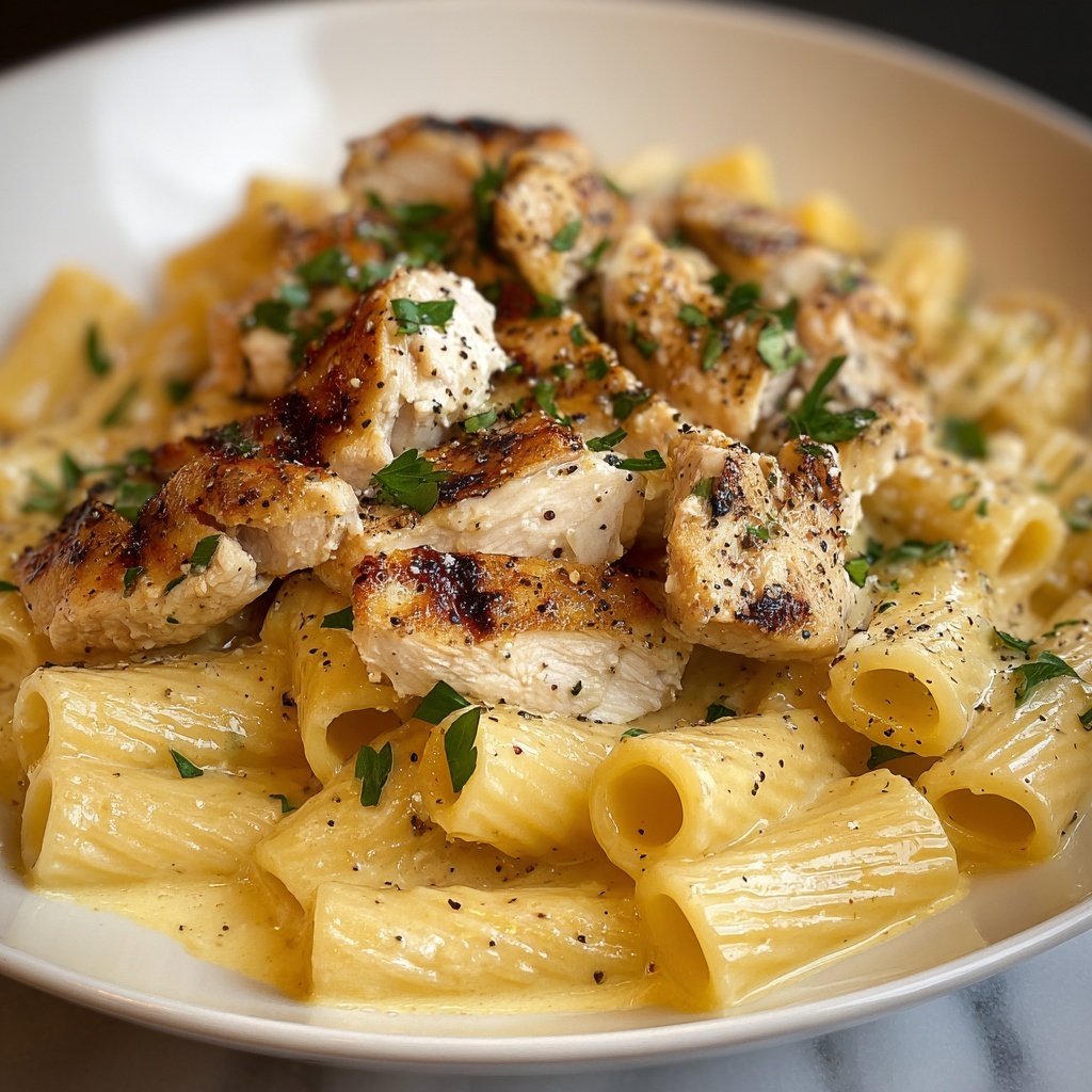 Creamy Garlic Butter Chicken and Rigatoni in Parmesan Sauce Recipe - Recipe Image