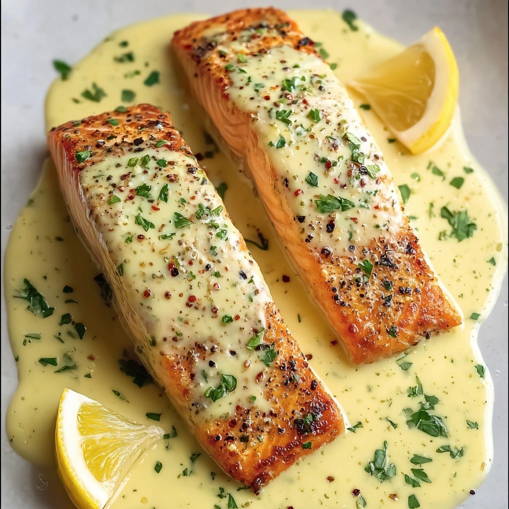 Baked Salmon with Creamy Lemon Garlic Sauce Recipe - Recipe Image