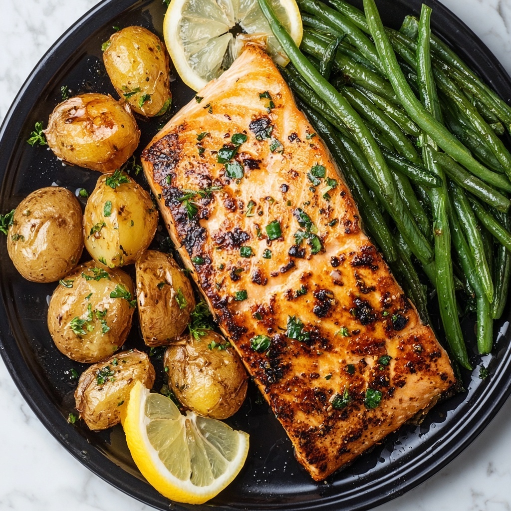 Easy Lemon Honey Salmon with Roasted Potatoes and Green Beans Recipe - Recipe Image