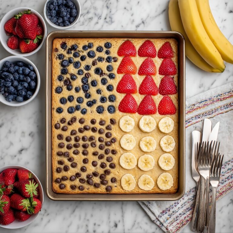Sheet Pan Pancakes with Strawberries, Blueberries, Bananas, and Chocolate Chips Recipe