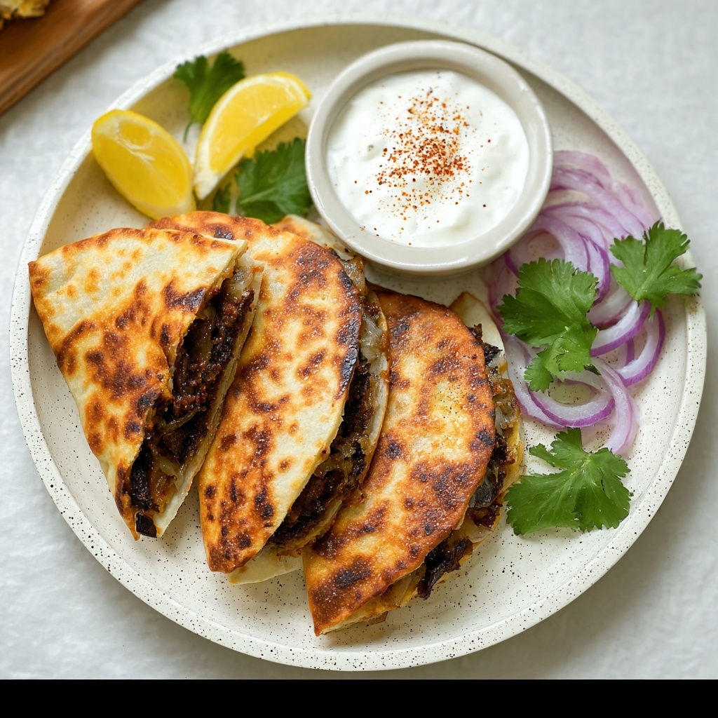 Stuffed Pita (Arayes) with Garlic-Tahini Dip and Pickled Onion Recipe - Recipe Image