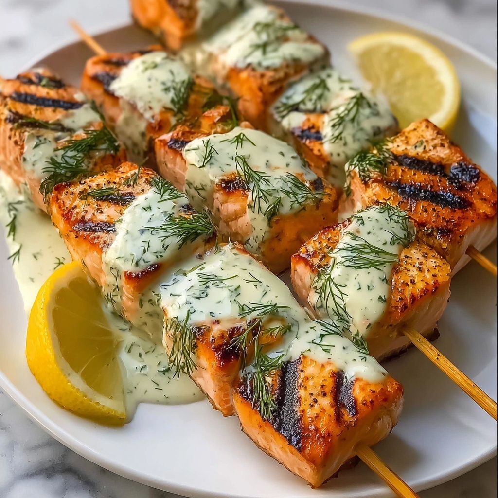 Grilled Salmon Skewers with Creamy Dill Yogurt Sauce Recipe - Recipe Image