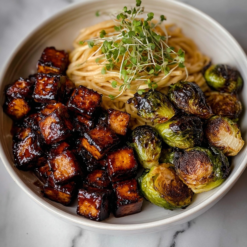 Pan-Fried Sticky Garlic Tofu with Oven-Roasted Brussels Sprouts Recipe - Recipe Image