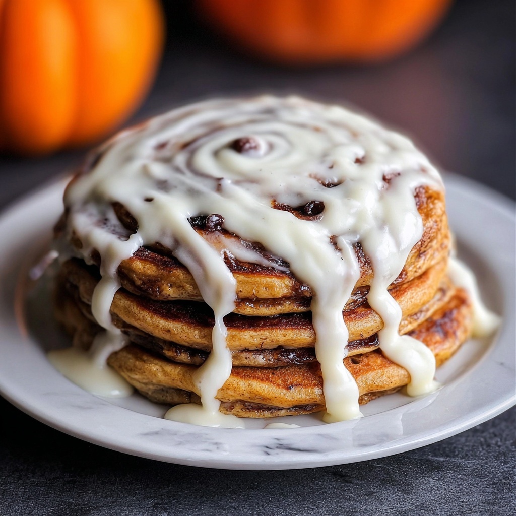 Pumpkin Cinnamon Roll Pancakes with Cream Cheese Glaze Recipe - Recipe Image