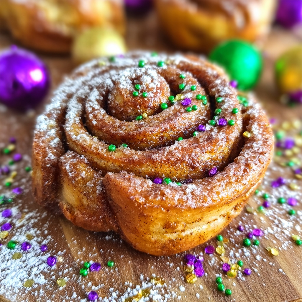Easy Mardi Gras Cinnamon Rolls with Two-Ingredient Dough Recipe - Recipe Image