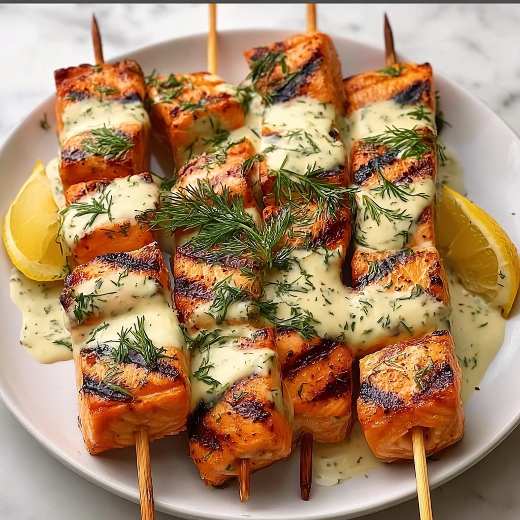Grilled Salmon Skewers with Creamy Dill Yogurt Sauce Recipe - Recipe Image