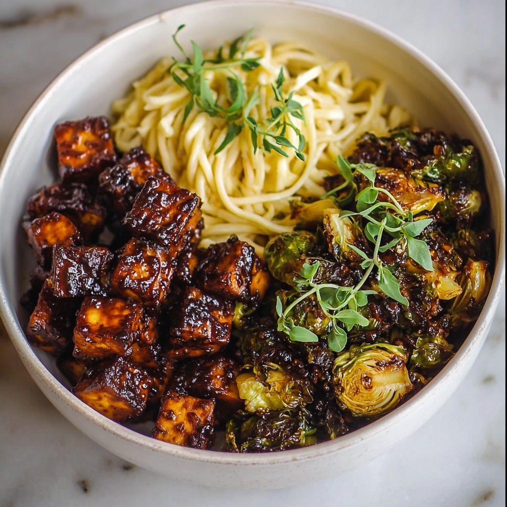 Pan-Fried Sticky Garlic Tofu with Oven-Roasted Brussels Sprouts Recipe - Recipe Image