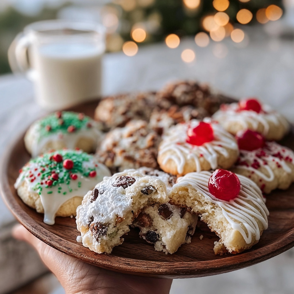 Festive Christmas Cookies with Dates, Cherry Decorations, and White Chocolate Drizzle Recipe - Recipe Image