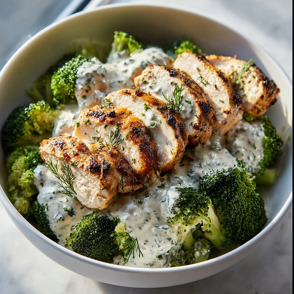 Grilled Chicken Broccoli Bowls with Creamy Garlic Sauce Recipe - Recipe Image