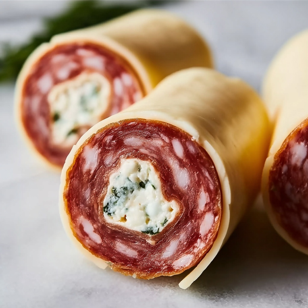Delicious Cheese Salami Roll Ups: Quick Party Appetizers Recipe - Recipe Image