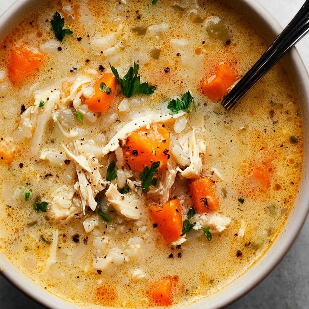 White Chicken Rice Soup with Creamy Parmesan and Mozzarella Recipe - Recipe Image